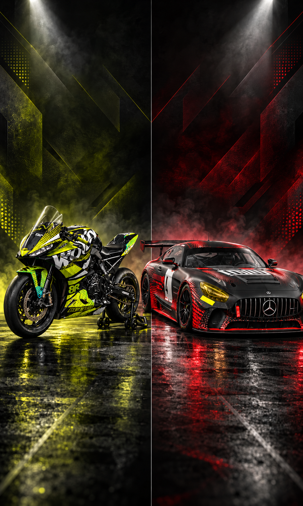 TrackTools Moto and Auto artwork showing a race motorcycle on the yellow side and a race car on the red side